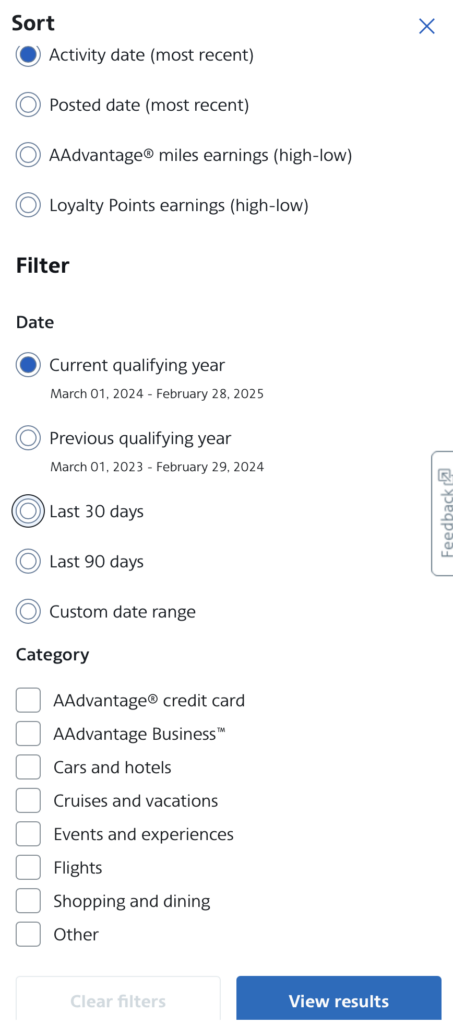 American Airlines AAdvantage account activity sorting tool.